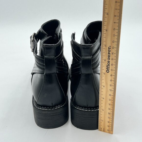 Black Women Side Zip Closed Toe Block Heel Buckle Strappy Ankle Boots Dress Shoe - Picture 4 of 6